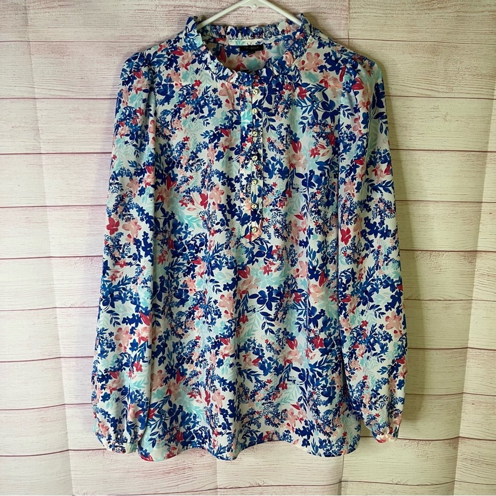 Talbots Floral Ruffled Collar Partial Front Button Long Sleeve Blouse‎ Size LG